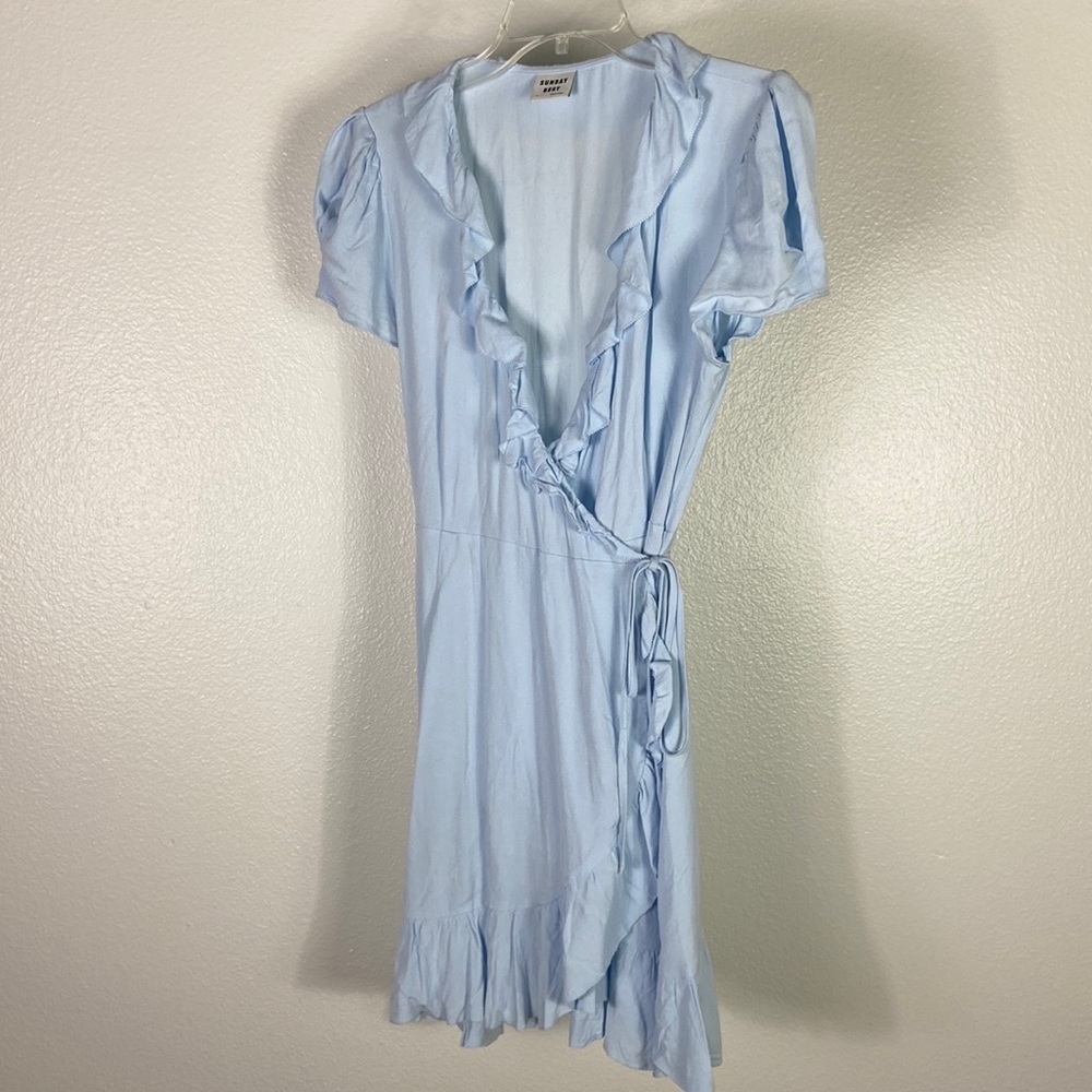 Aritiza Sunday Best Baby Blue Mini Wrap Dress, Size Medium